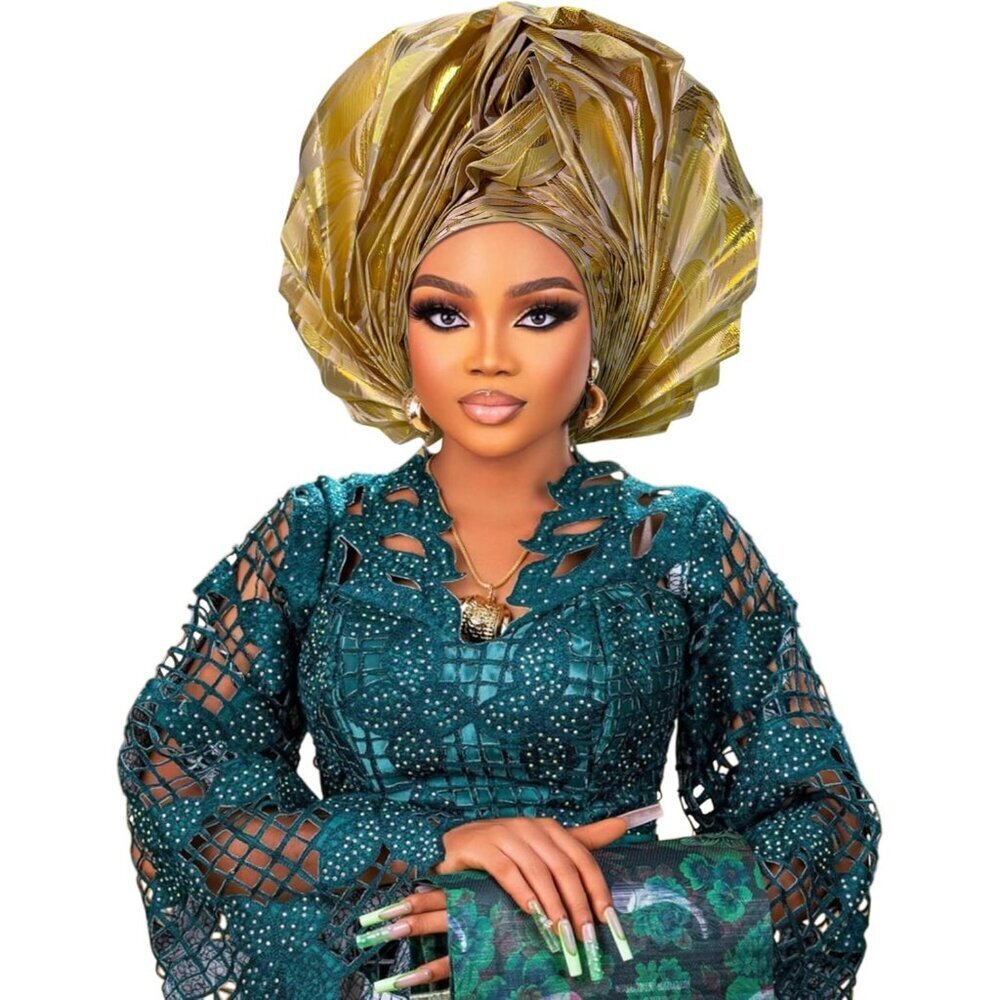 African Headwrap Golden Floral Handcrafted Embroidered for Weddings and Events
